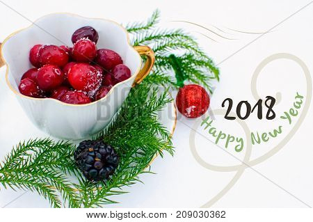Happy New Year 2018 seasons greeting card for sending wishes in 2018 healthy conceptual background, elegant tea cup filled with seasonal berries, holiday cranberry and bright evergreen in gold vintage cup white background for card or poster or social netw