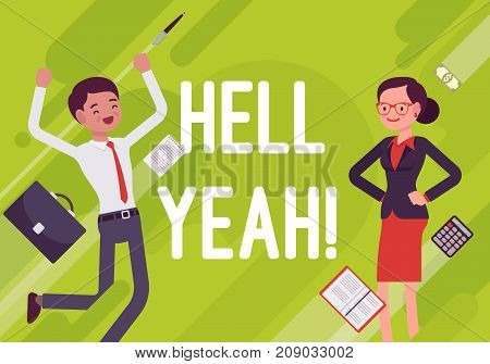 Hell yeah. Business motivation poster. Achieving success, aspiring and existing, win market, competition, industry position. Vector flat style cartoon illustration on green background