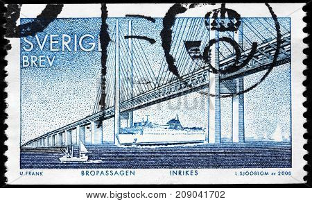 LUGA RUSSIA - AUGUST 20 2017: A stamp printed by SWEDEN shows Oresund Bridge - a railway and motorway bridge across the Oresund strait between Sweden and Denmark circa 2000