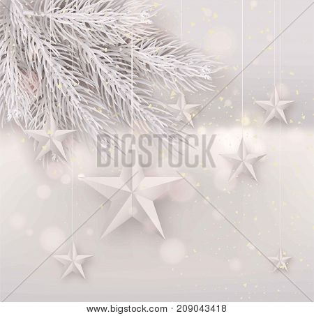 Cutout white Foil paper Stars and black fur tree with falling snow on light Background. Elegant Christmas Greeting Card or poster Template design. Vector Illustration.
