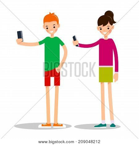 Man and woman do selfie. Friends do joint self-portrait photograph. Happy smiling young man and women taking selfie photo. Illustration in flat style. Isolated