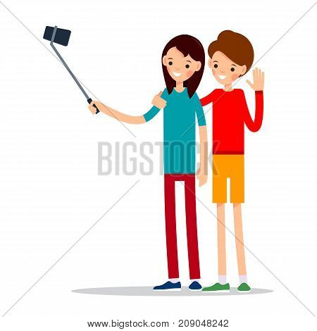 Man and woman do selfie. Friends do joint self-portrait photograph. Happy smiling young man and women taking selfie photo. Illustration in flat style. Isolated
