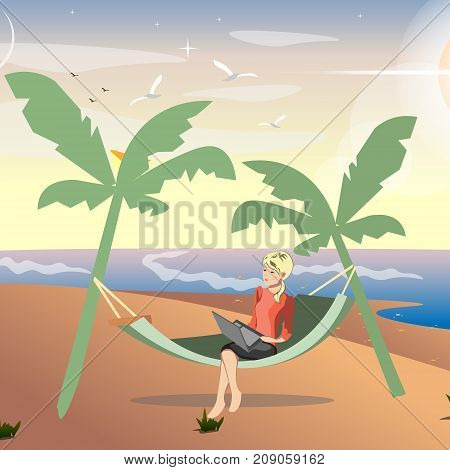 Girl freelancer working on sea. Vector illustration