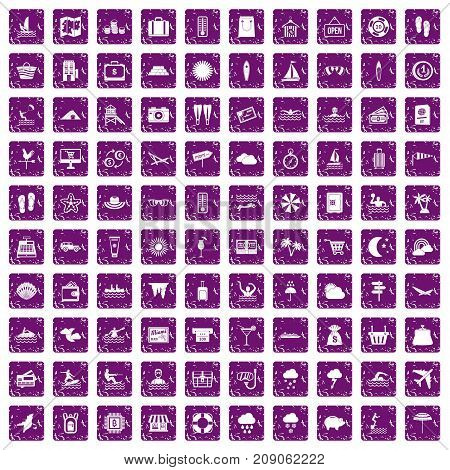 100 seaside resort icons set in grunge style purple color isolated on white background vector illustration