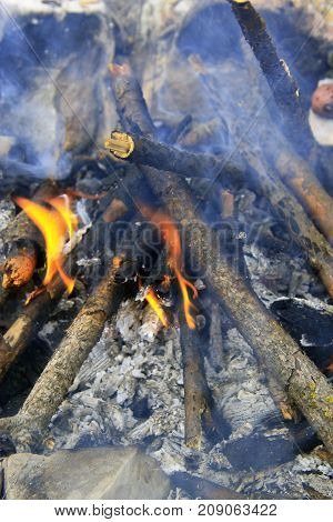 Bonfire in the forest ready for barbeque