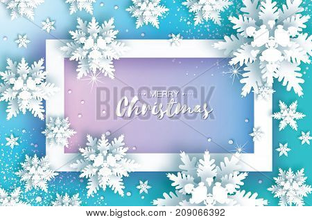 Blue Merry Christmas Greetings card. White Paper cut snow flake. Happy New Year Decoration. Winter snowflakes background. Seasonal holidays. Snowfall. Ractangle frame. Text. Vector illustration.