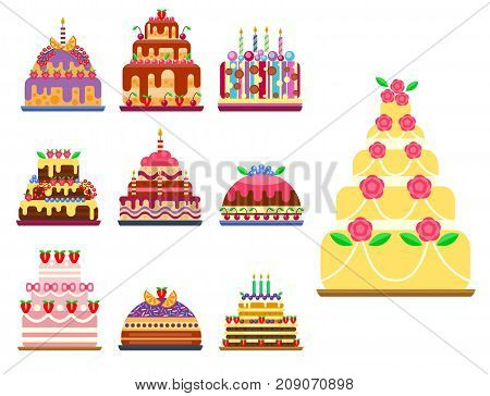 Wedding cake pie hand drawn style sweets dessert bakery ceremony delicious vector illustration. Fresh tasty dessert sweet pastry pie. Gourmet homemade delicious cream traditional bakery tart.