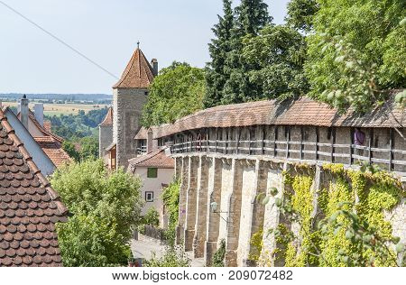 city view with town wall in Rothenburg ob der Tauber a town in Middle Franconia in Bavaria Germany