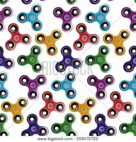 Realistic spiner seamless pattern on white background. Wallpaper with chaotic children toy.