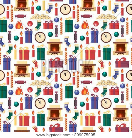 Seamless pattern christmas elements - gifts, clock, candle, fireplace, socks, wood, candy. Colorful festive objects for greeting card in flat style - stock vector illustration.
