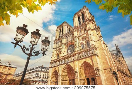 Notre-dame Cathedral In Paris France With Golden Light Rays.