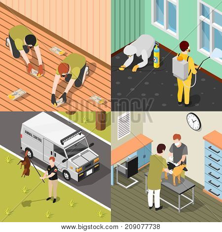 Pest control 2x2 isometric design concept with house disinfection rats destruction catching of beavers and animal inspection  square compositions vector illustration