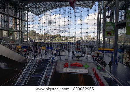 Berlin Germany - October 8 2017: Berlin central station (Hauptbahnhof) on October 8 in Berlin Germany.