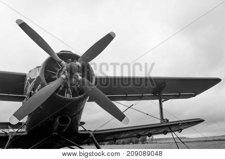 an old obsolete aircraft propeller on sky fon