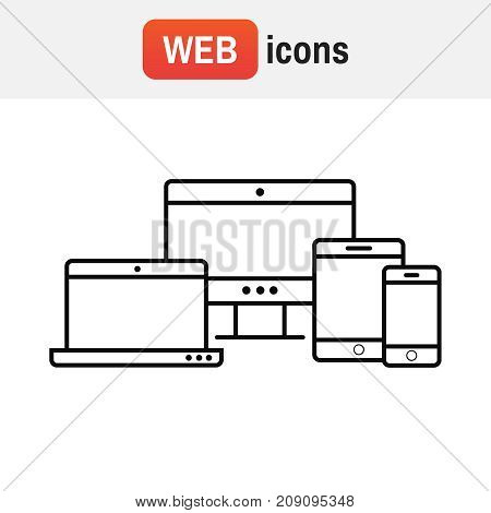 Device Multi Icon. Multi Device Icons: Smartphone, Tablet, Laptop And Desktop Computer