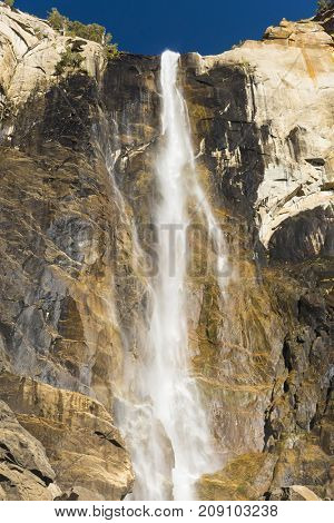Beautiful Bridalveil falls is located on Merced river. Yosemite National Park, California, USA