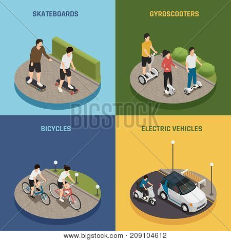 Personal eco transportation 2x2 design concept set of people riding skateboards bicycles gyro scooters electric vehicles square icons isometric vector illustration