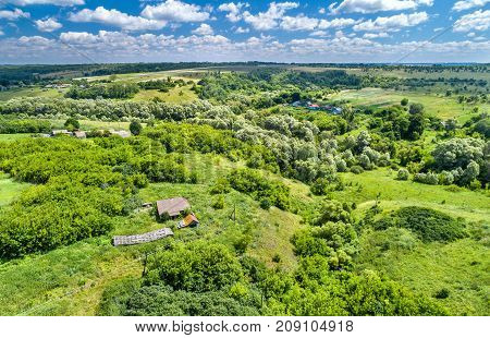 Typical aerial landscape of the Central Russian Upland. Bolshoe Gorodkovo village, Kursk region.