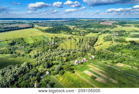 Typical aerial landscape of the Central Russian Upland. Bolshoe Gorodkovo village, Kursk region.