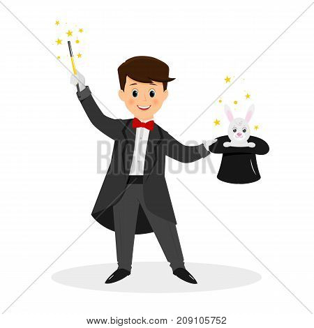 Magician with hat and magic wand.White rabbite. Isolated on white background. Cartoon style. Vector illustration