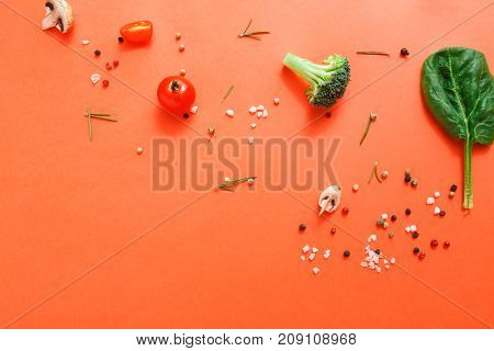 Diet, detox and healthy food concept - top view flat lay of fresh organic raw vegetables on abstract bright background. Ingredients for salad - broccoli, mushroom, carrot, cherry tomato, spinach