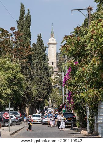 Jerusalem Israel September 16 2017 : Ha-Ma'ayan Street which leads to the Church of St. John the Baptist in old city of Jerusalem Israel