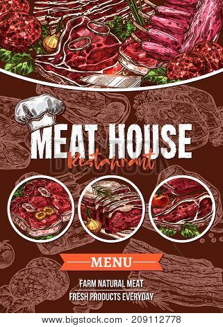 Meat menu banner for barbecue restaurant and steak house template. Beef and pork steak, grilled chicken, ground meat sausage and patty, bbq ribs and chops, lamb sirloin brisket sketch poster design