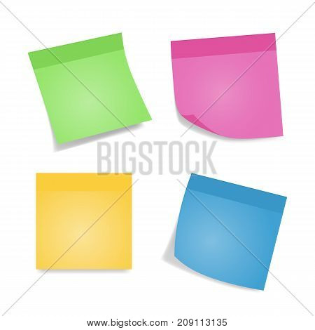 Sticky notes. Four colorful sheets of note papers isolated on white background. Different color and shadow.