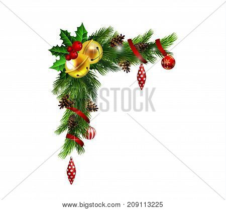 Christmas corner decoration with evergreen treess golden swirls and poinsettia with two golden jingle bells isolated vector