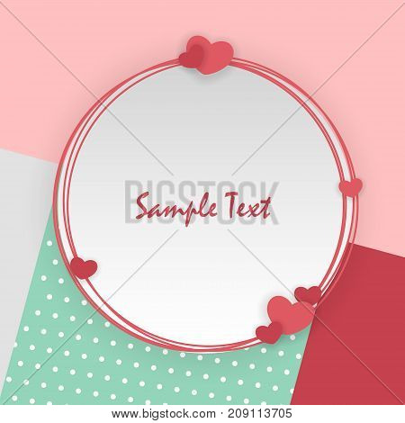 Empty greeting card Valentines Day holiday. Vintage romantic origami paper heart shape long shadow frame. Retro border Valentine's love design. Mock up material soft mint color template backdrop.