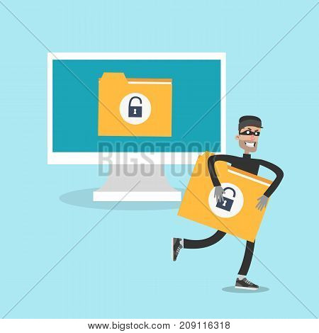 Data thief illustration. Man grabbing and runnig with data document.