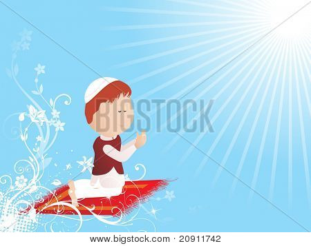 namaz sırasında bir adamla mavi soyut çiçek arka plan