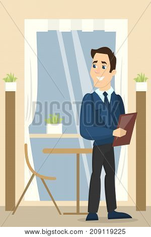 Restaurant male waiter with menu in unifrom.