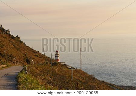 Sunset at lighthouse of Cape Sillerio Pontevedra province Galia Spain