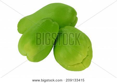 Group of three Fresh organic Fruit Chayote Squashes Containing mostly water with green colored skin Pear shaped Food Rich on water vitamin C and B over white background