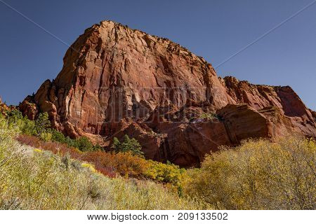 Magnificent autumnal view of Kolob Canyon part of Zion National Park in Utah with bright blue sky.