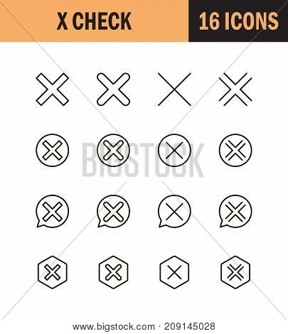 X mark icon set. Collection of high quality outline technology pictograms in modern flat style. Black close symbol for web design and mobile app on white background. Delete line logo.