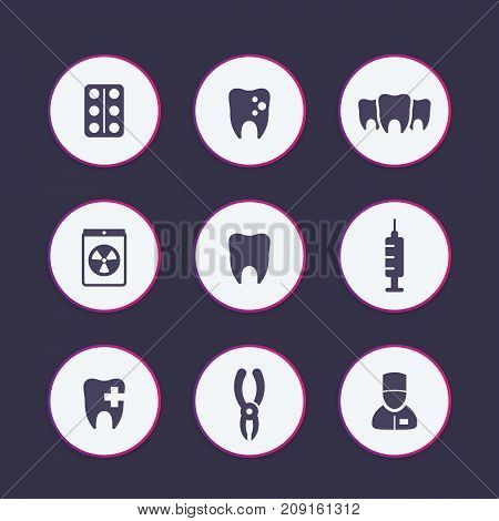Teeth, dental care, tooth cavity, toothcare, stomatology round icons set, vector illustration
