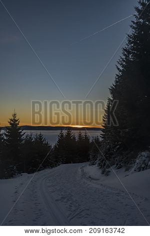 Morning with sunrise in Jeseniky mountains in winter sunny day