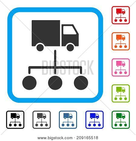Truck Distribution Links icon. Flat grey pictogram symbol in a light blue rounded rectangular frame. Black, gray, green, blue, red, orange color additional versions of Truck Distribution Links vector.