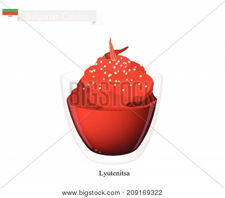 Bulgarian Cuisine, Illustration of Lyutenitsa or Traditional Spread Sauce Made of Peppers, Carrots, Eggplant, Onion, Garlic, Oil, Sugar, Salt and Tomatoes. One of The Most Famous Dish in Bulgaria.