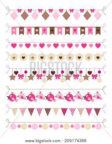Pink colors bounting flags and hearts and birds decorative elements on white background. Vector illustration