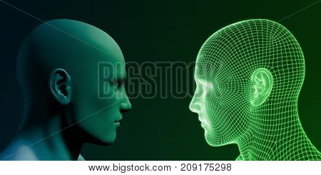Digital Future Abstract Background with Robot Head 3D Illustration Render