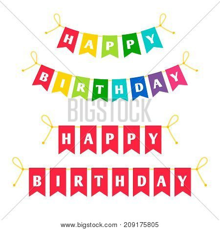 Happy birthday letters bounting colorful flags on white background. Vector illustration