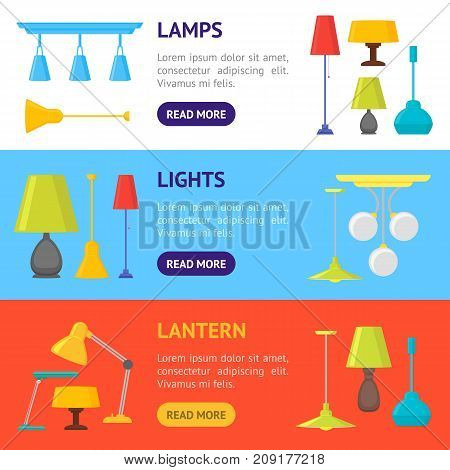Cartoon Home Illumination Lamp Banner Horizontal Set Flat Style Design Elements for Interior. Vector illustration