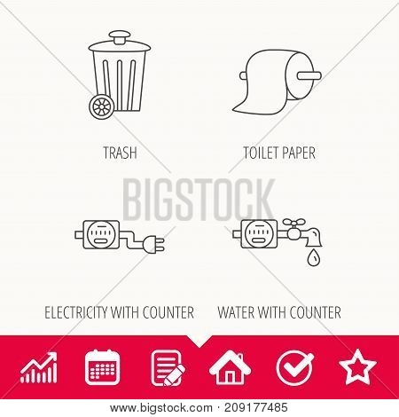 Trash bin, electricity and water counter icons. Toiler paper linear sign. Edit document, Calendar and Graph chart signs. Star, Check and House web icons. Vector