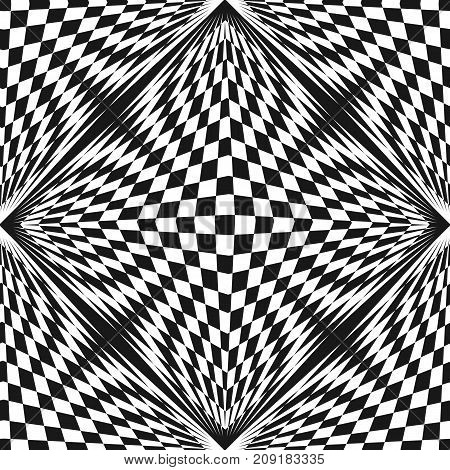 Vector abstract checkered pattern. Black & white geometric seamless texture. Stretched chessboard surface, optical illusion effect. Monochrome background. Pop art style. Square repeat design element.