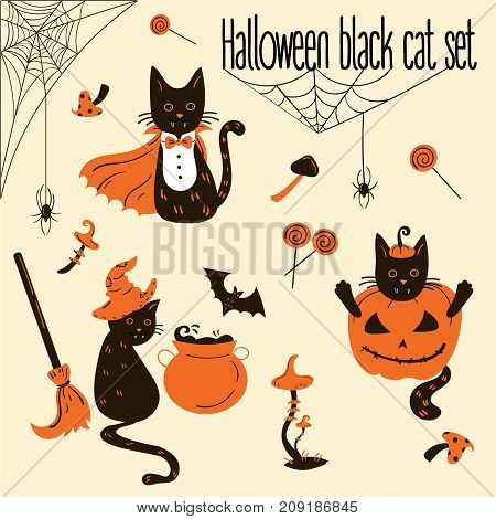 Set of black cats in Halloween costumes. Halloween decor and objects. Vector illustration.