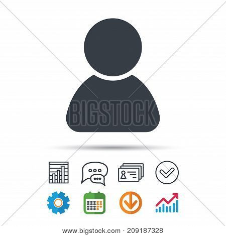 User icon. Human person symbol. Avatar login sign. Statistics chart, chat speech bubble and contacts signs. Check web icon. Vector