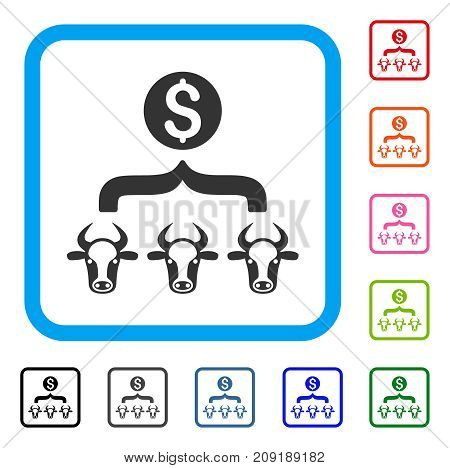 Cattle Result Money icon. Flat gray pictogram symbol inside a light blue rounded squared frame. Black, gray, green, blue, red, orange color additional versions of Cattle Result Money vector.